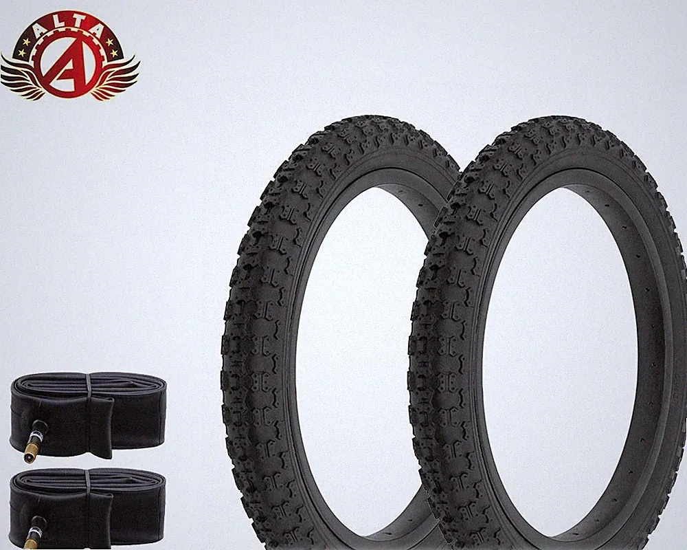PAIR OF BICYCLE ALTA BMX TIRES W/ TUBES IN 16 X 2.125 COMP III TREAD ALL BLACK.