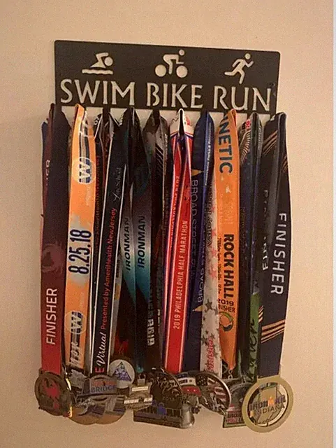 Triathlon SWIM BIKE RUN #2 Medal & Ribbon Hanger Organizer Rack Hooks